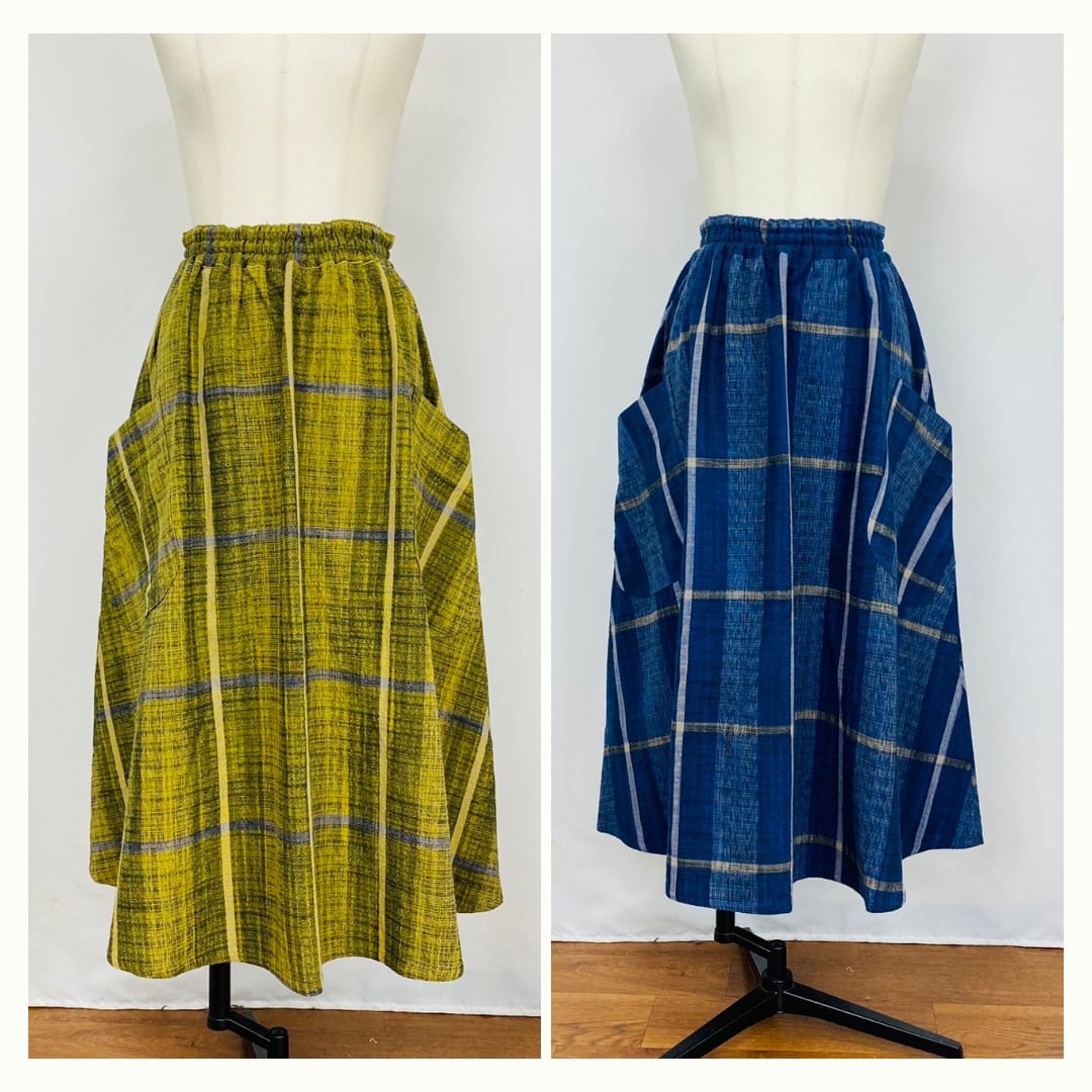 245021 大きなポッケのフレアースカート 2カラー 遠州織物 逆スラブ絣格子