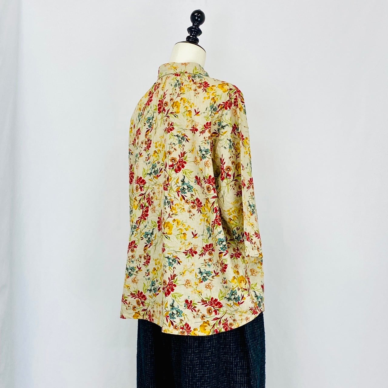 SU1910 丸襟ゆったりブラウス 3カラー 多色プリント花柄 綿麻