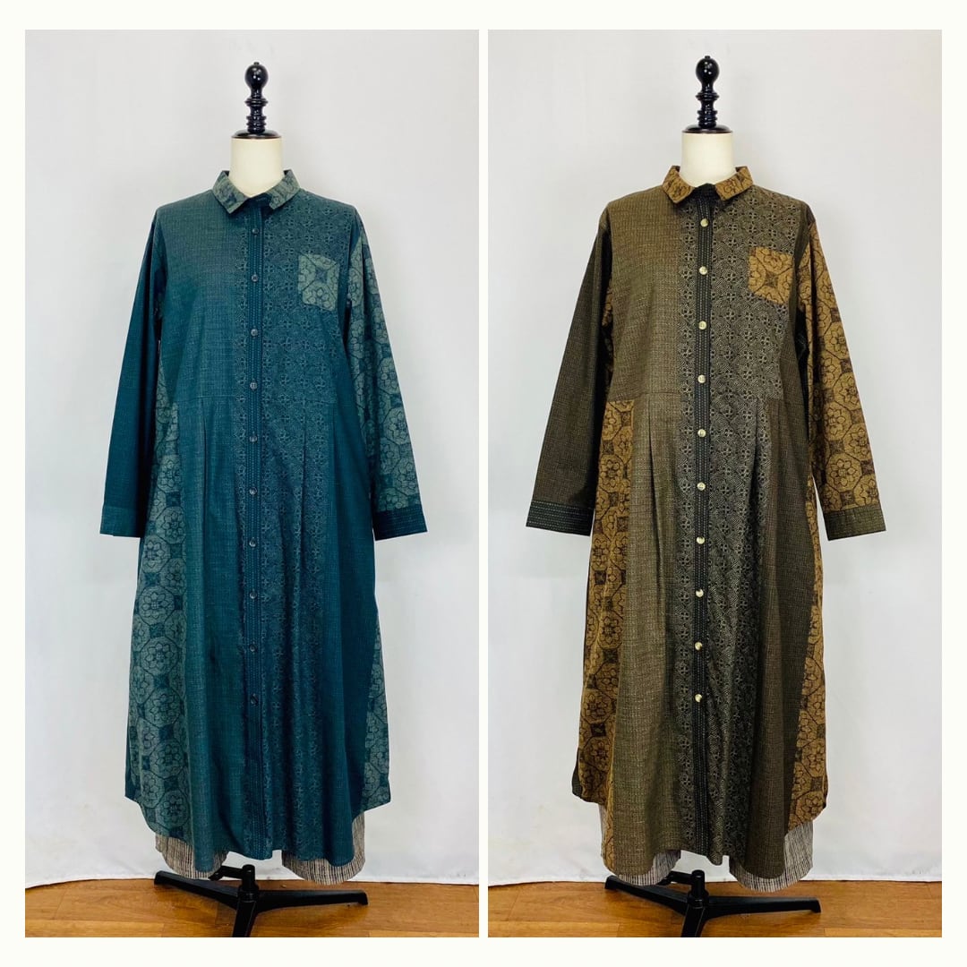 222133 シャツワンピース 2カラー 安曇野染絣 大島紬柄