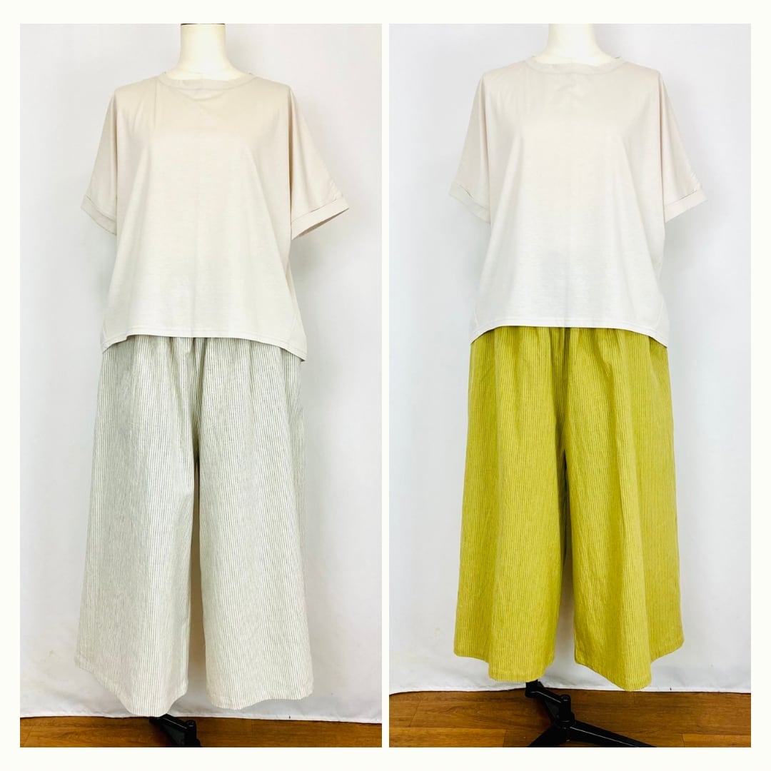 245018 ストレスフリーワイドパンツ 2カラー 綿麻先染めストライプ