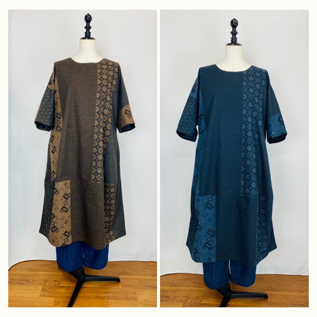 232013 切替えビッグワンピース(後ろ開き) 2カラー 安曇野染め絣 大島柄
