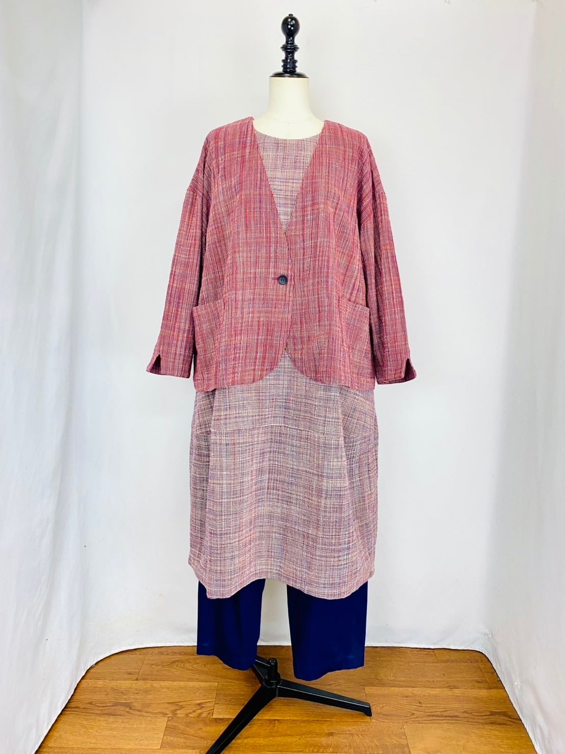 251021 ノーカラーショートジャケット 2カラー 遠州織物 うすで縞