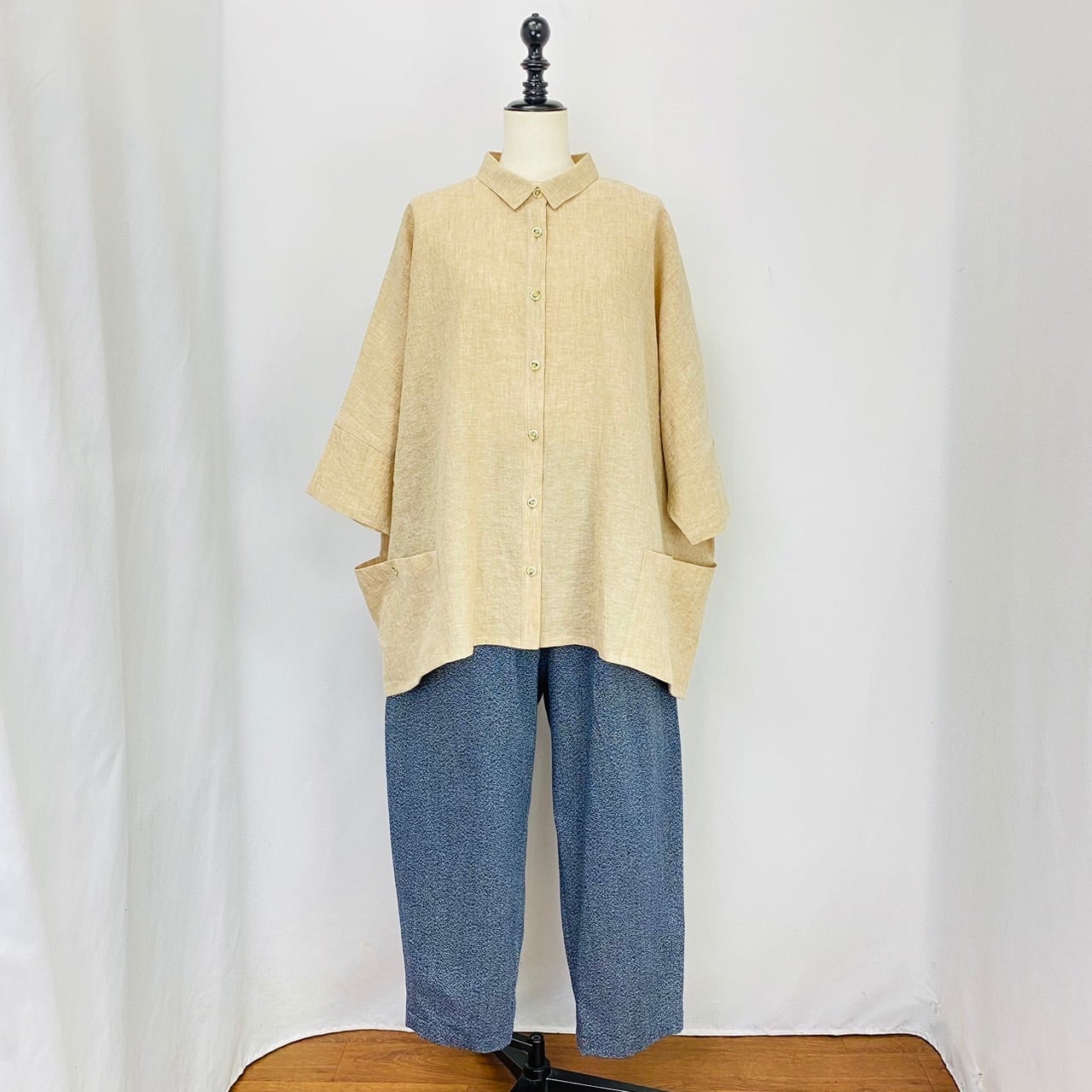 <再販>243038 前開きワイドブラウス 3カラー 遠州灘 リネンコットン先染めシャンブレー