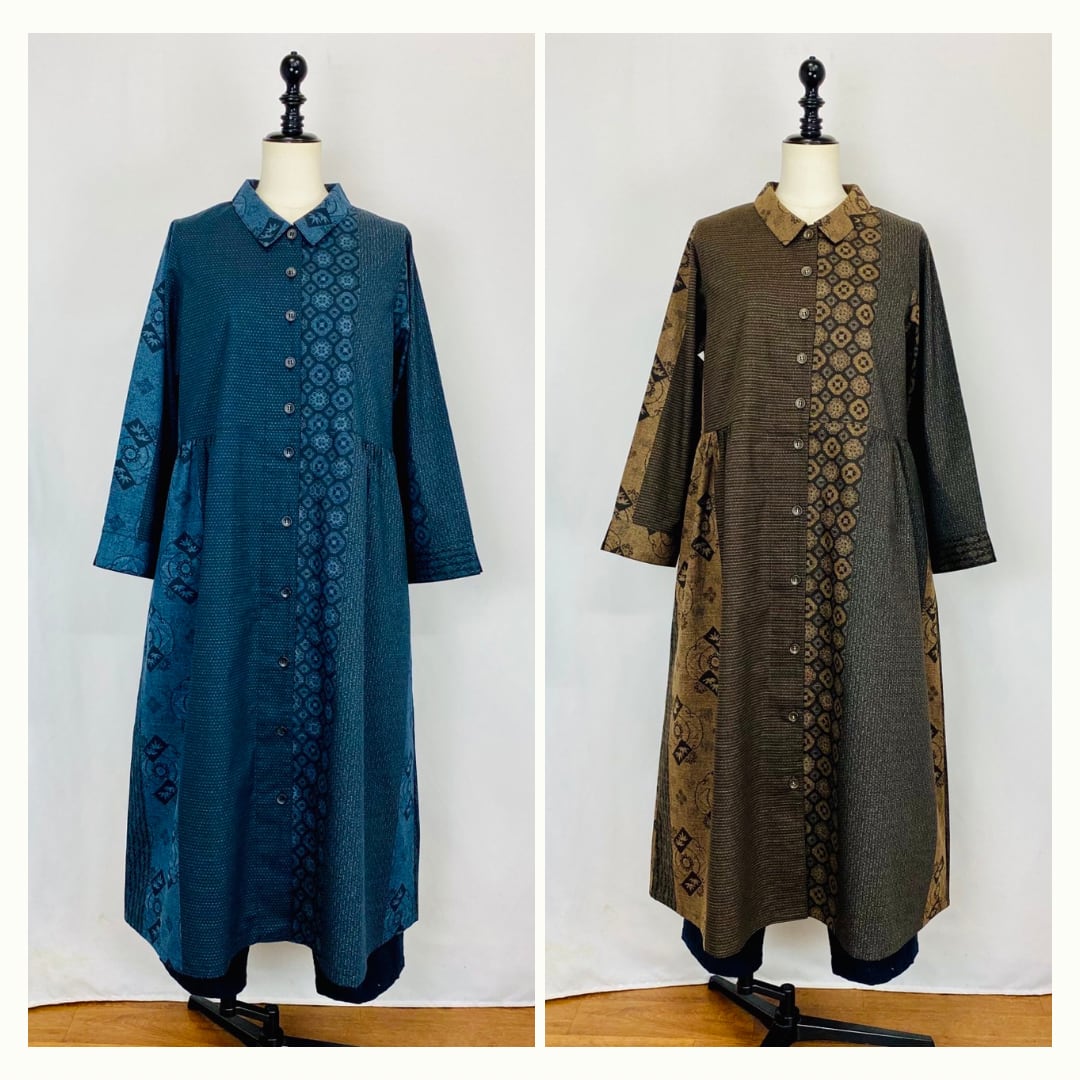 92053 前開きウエストギャザーワンピース 2カラー 安曇野染絣 大島柄