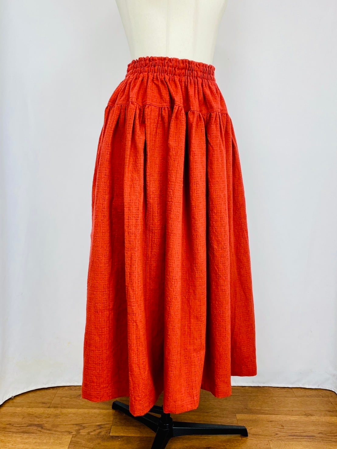 【再入荷】245041 切替ギャザースカート 遠州織物 逆スラブ絣格子