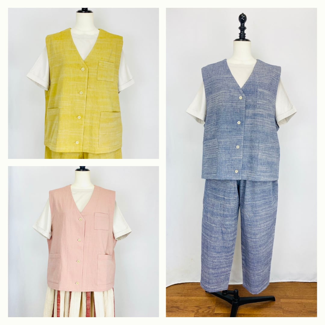 254021 ポケット付きベスト 3カラー 遠州織物 うすで逆スラブ