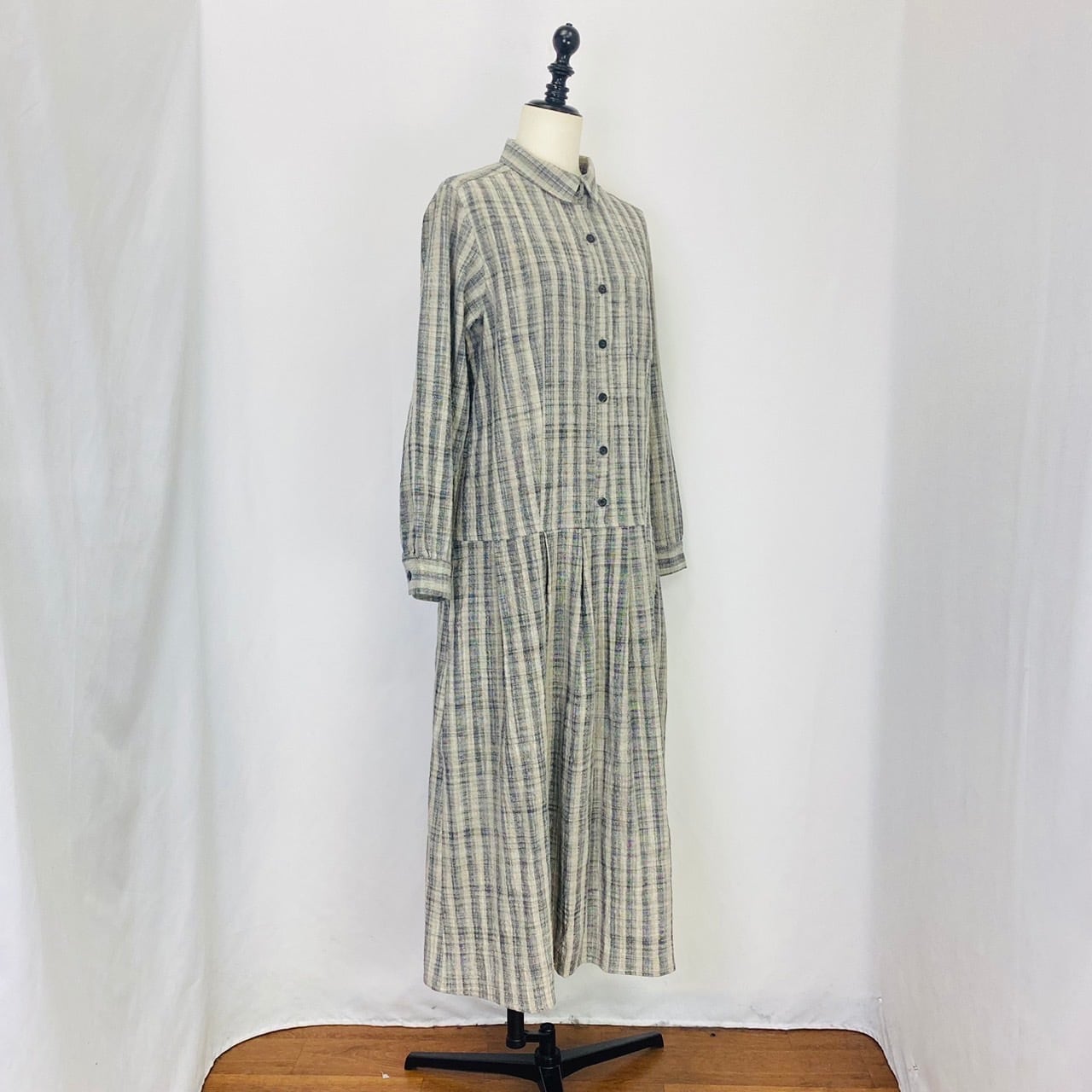 202011 ローウエストワンピース 2カラー 遠州織物 うすで逆スラブ絣ストライプ