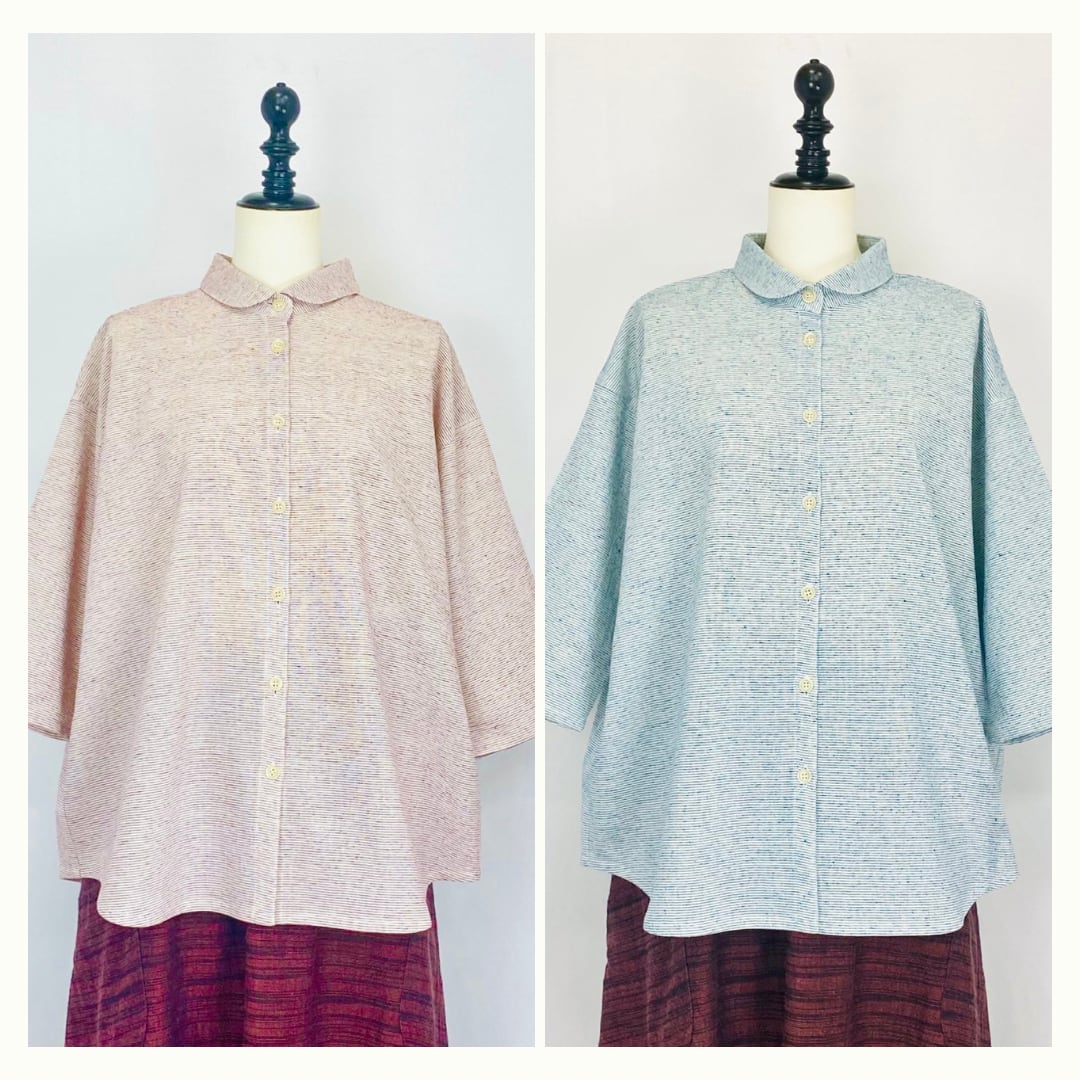 SU19108 丸衿ふんわりブラウス 2カラー 綿シルクボーダー