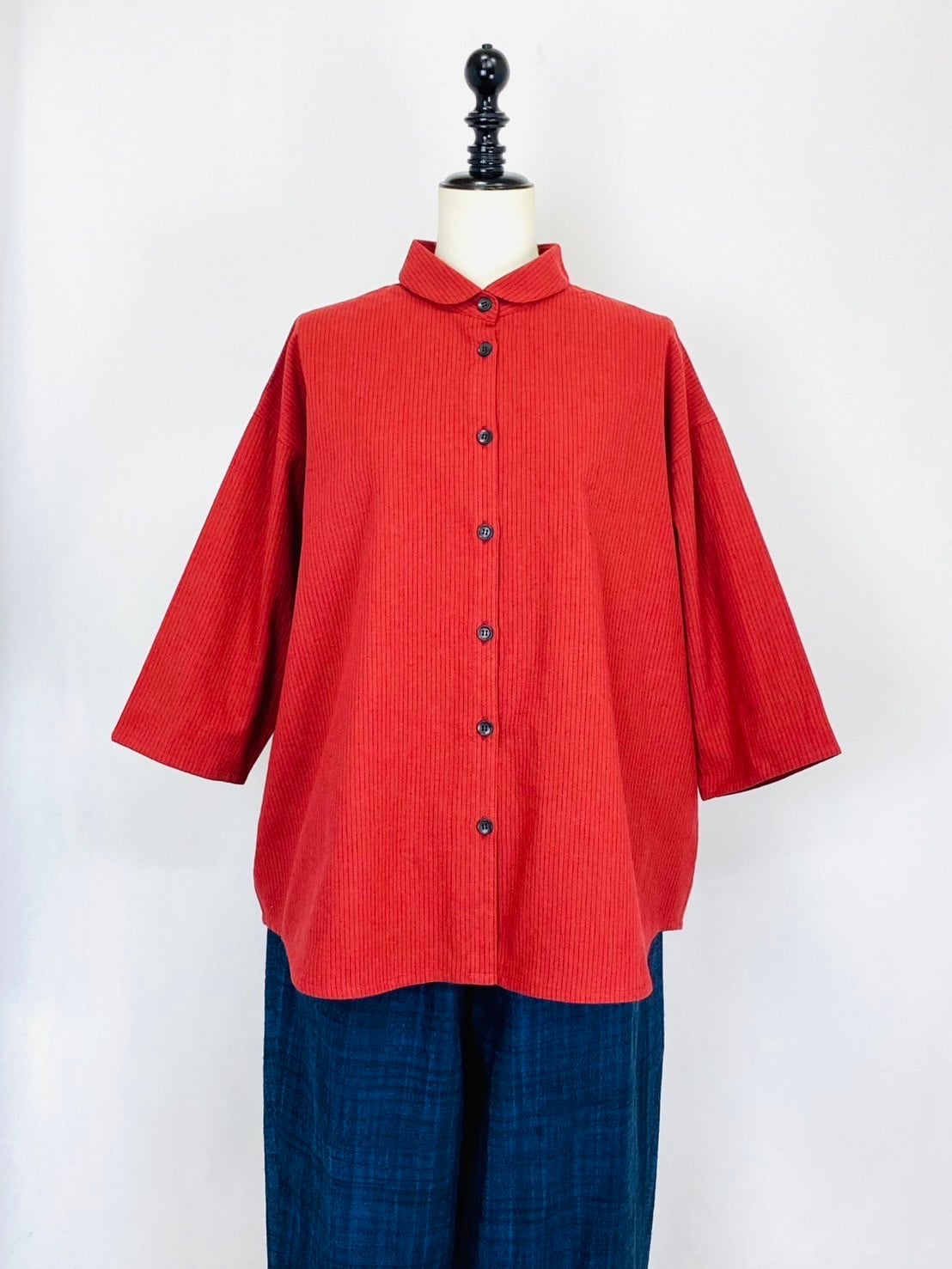 SU19108 丸衿ふんわりブラウス 2カラー 綿麻先染ストライプ