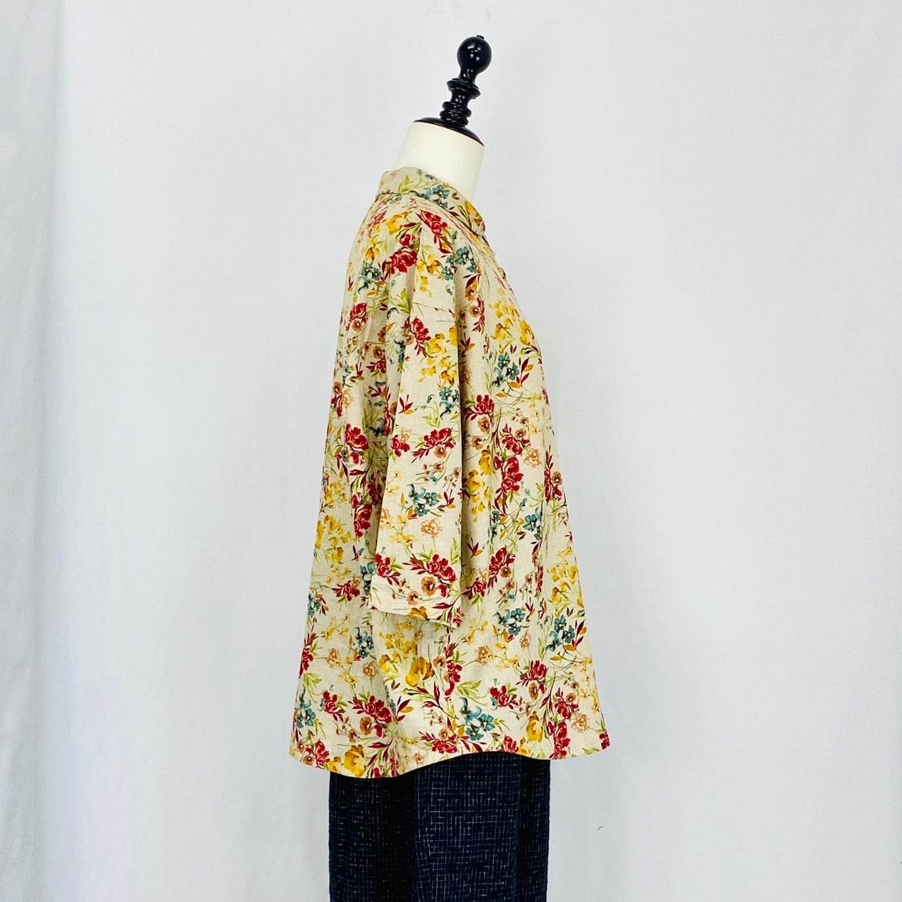 SU1910 丸襟ゆったりブラウス 3カラー 多色プリント花柄 綿麻