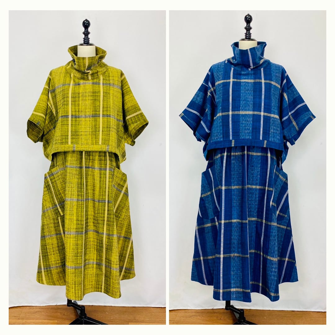 234021　ロールネック切替えポンチョ　2カラー　遠州織り　逆スラブ絣格子