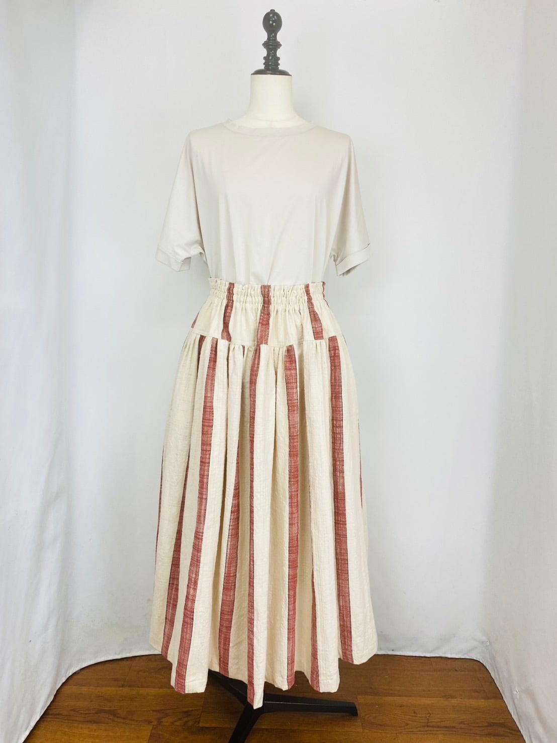 245041  切替ギャザースカート　遠州織物　ギャザースラブストライプ