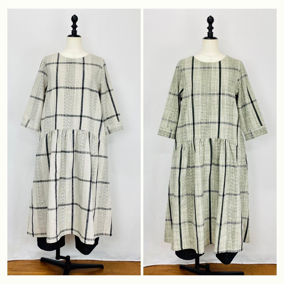 【再販】232041   ローウエスト切替ギャザーワンピース　2カラー　遠州織り　逆スラブ絣格子