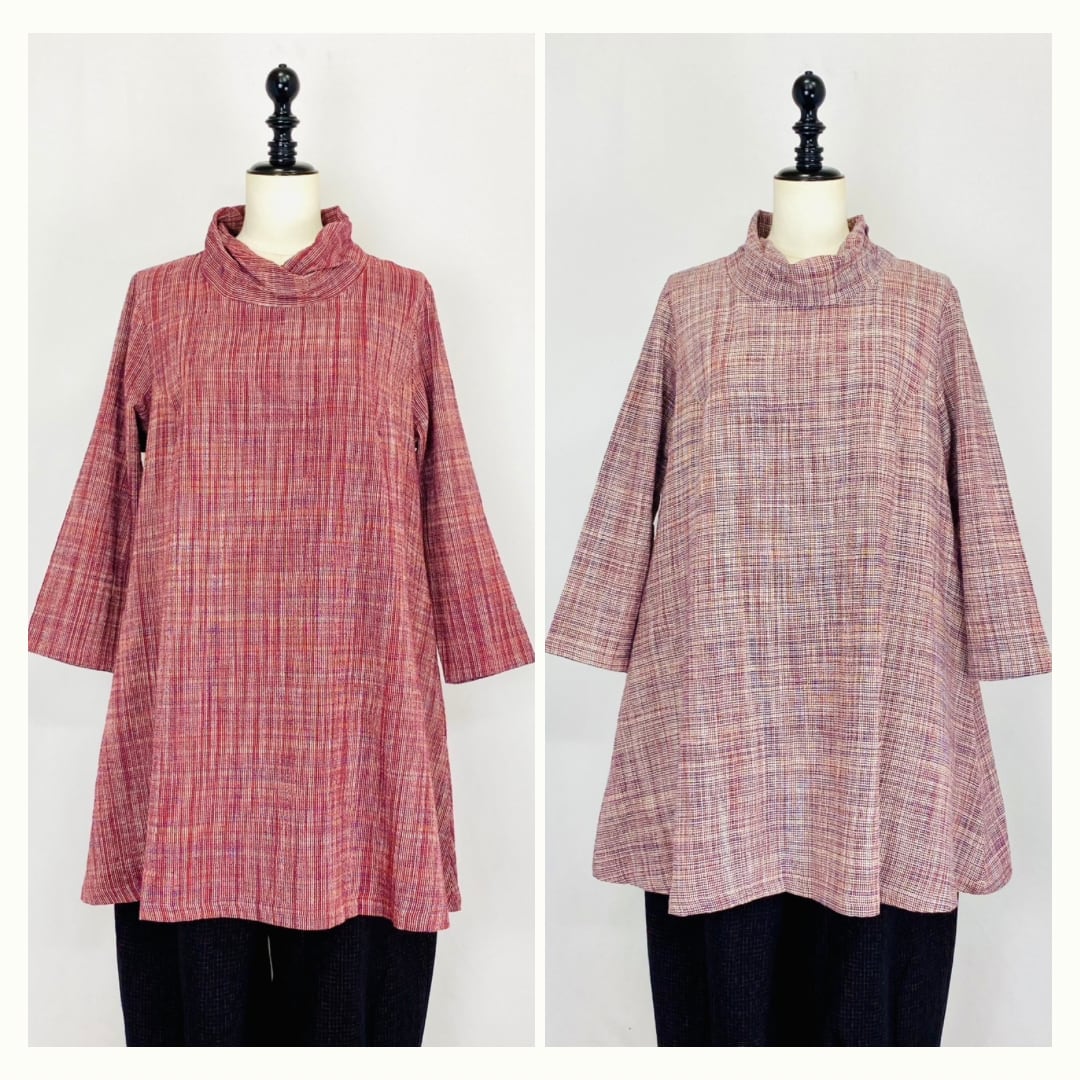 252101  ひねり襟のチュニック　2カラー　遠州織物　うすで縞