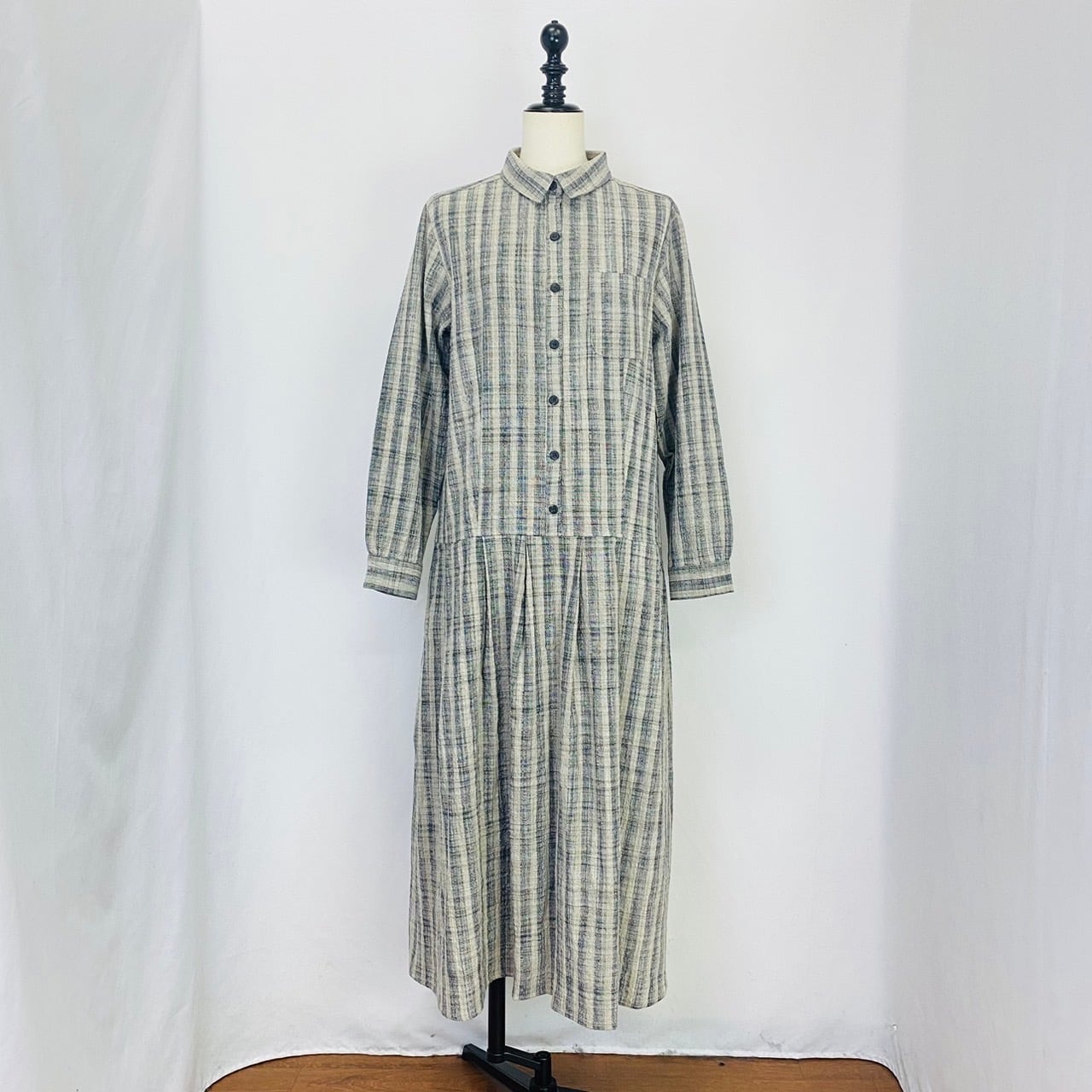 202011　ローウエストワンピース　2カラー　遠州織物　うすで逆スラブ絣ストライプ