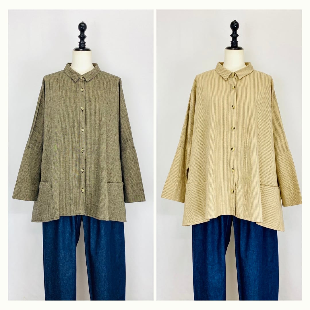 243060　前開きワイドブラウス　長袖　2カラー　遠州織物　逆スラブストライプ　うすで