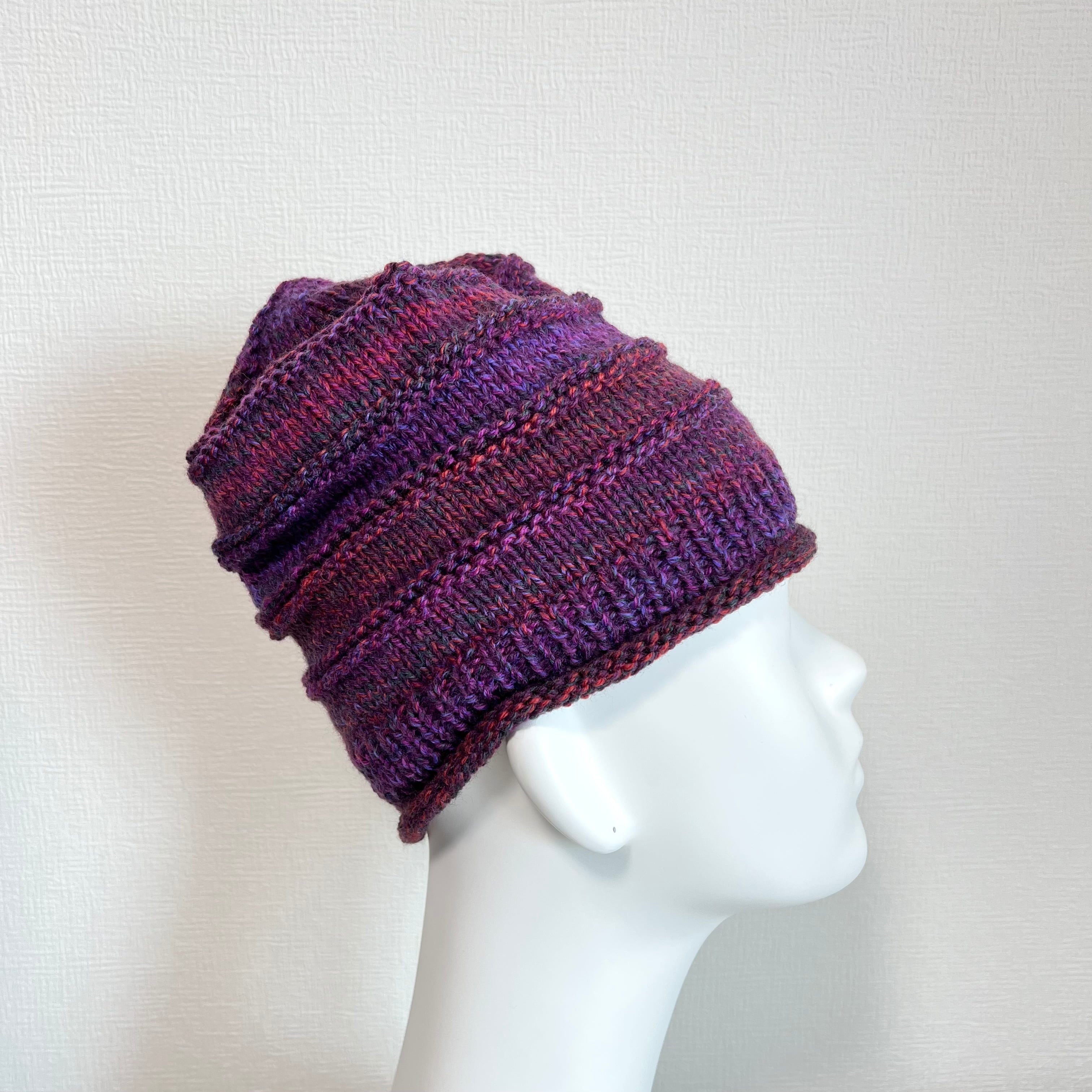 ＜受注生産＞【手編み】ウール100%  グラデーションカラーの帽子　6カラー　室内帽子　お出かけ帽子　天然素材　棒針編み