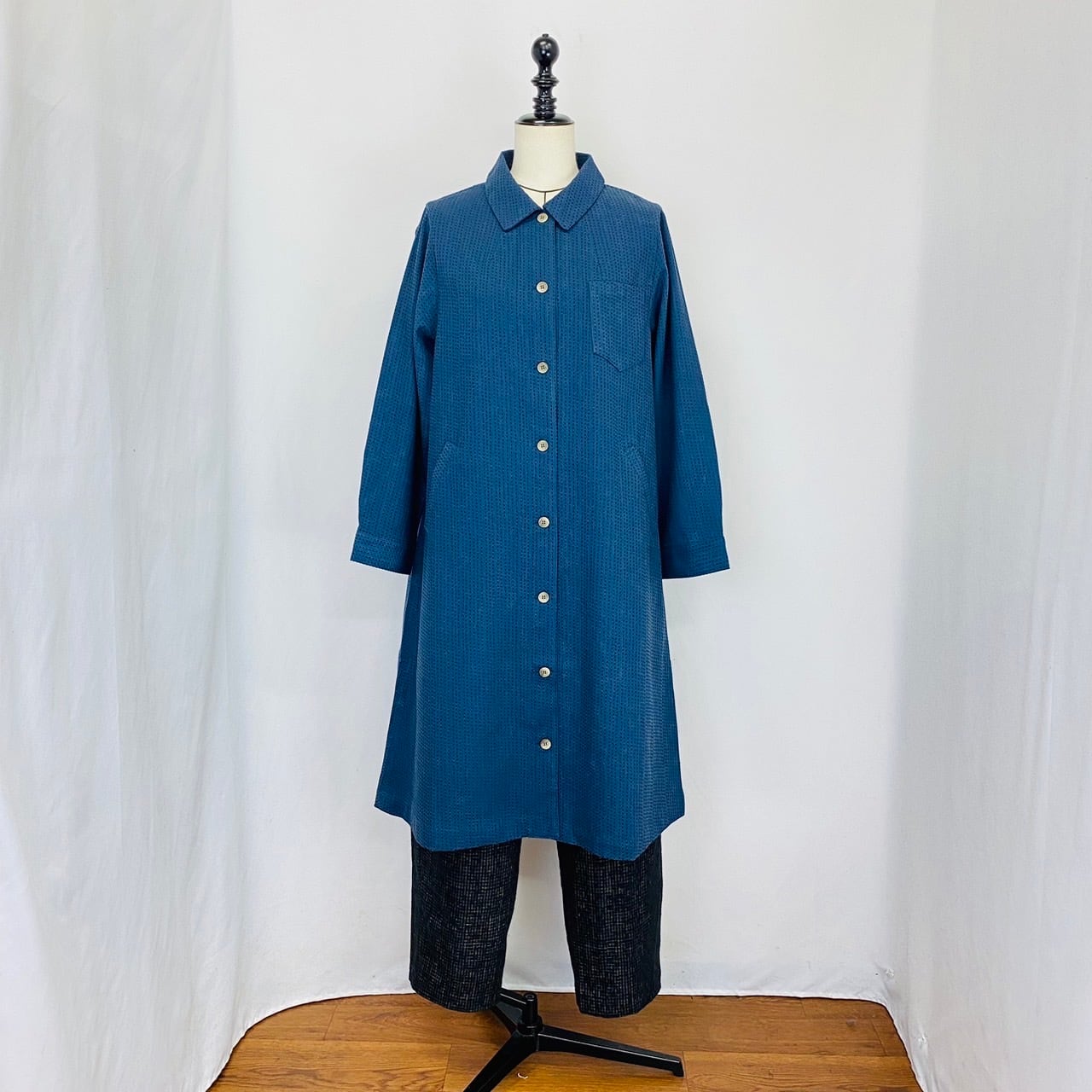 212013　シャツコートワンピース　3カラー　安曇野染め　刺し子