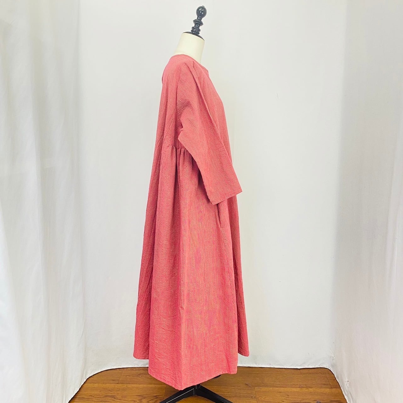 242010　サイドギャザーワンピース　5カラー　遠州織り　逆スラブストライプ　薄手