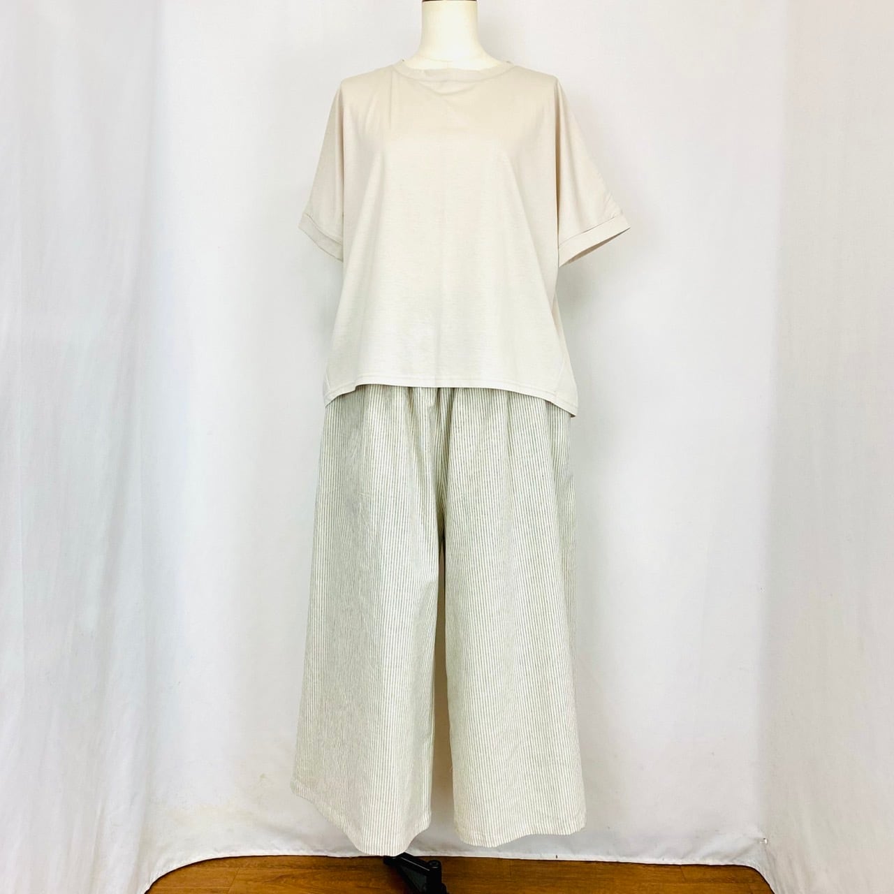 245018　ストレスフリーワイドパンツ　2カラー　綿麻先染めストライプ