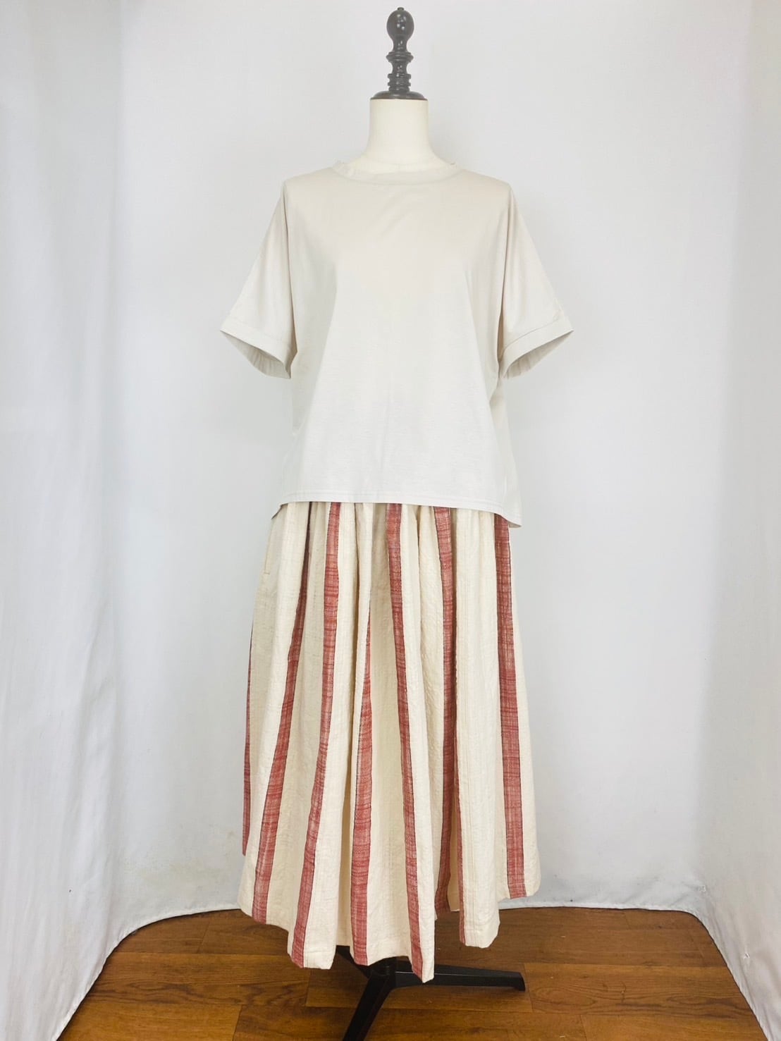 245041  切替ギャザースカート　遠州織物　ギャザースラブストライプ