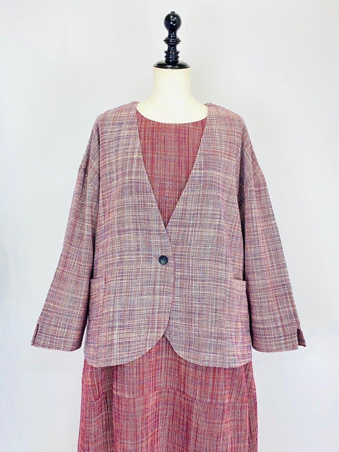 251021　ノーカラーショートジャケット　2カラー　遠州織物　うすで縞