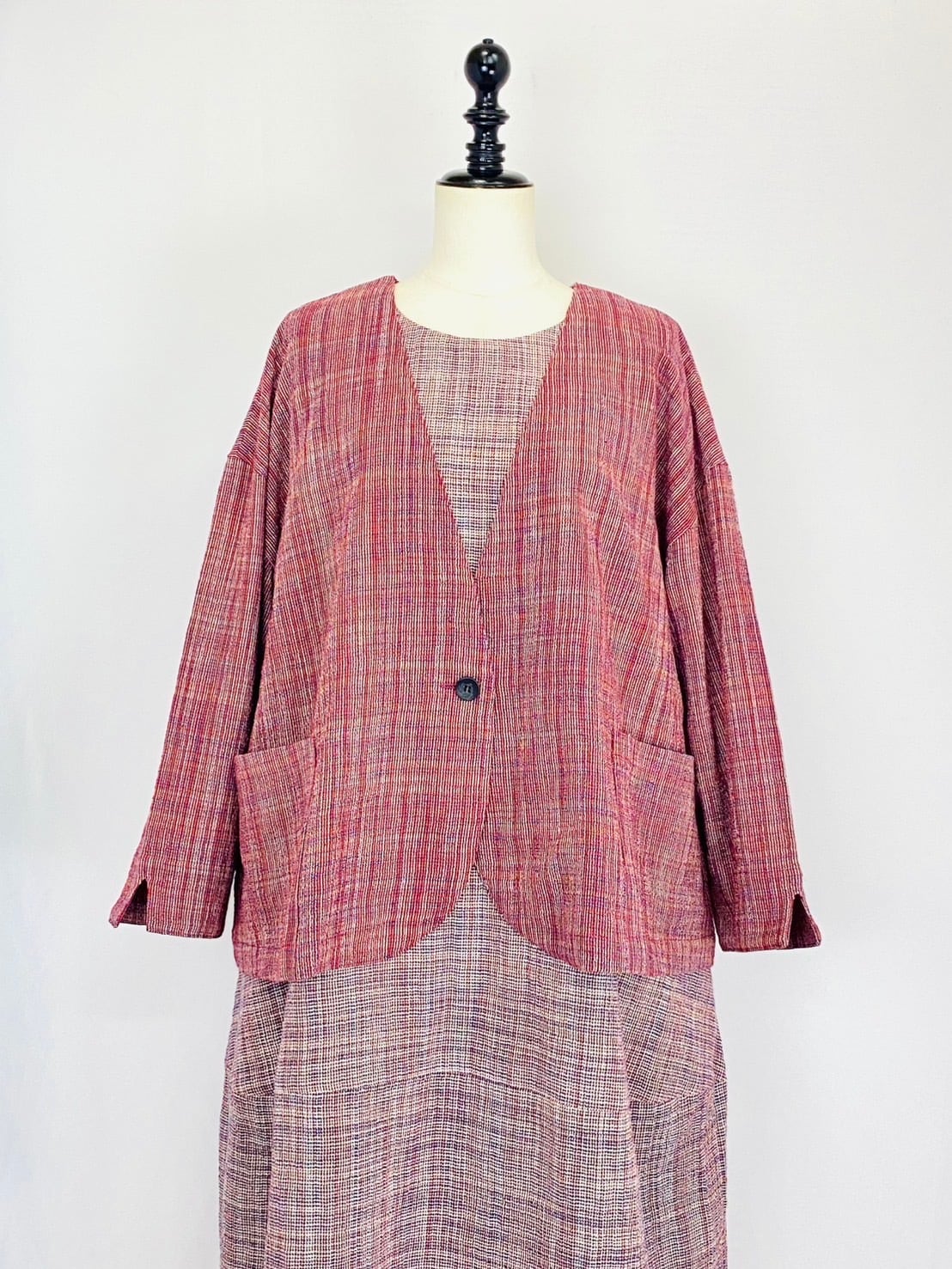 251021　ノーカラーショートジャケット　2カラー　遠州織物　うすで縞