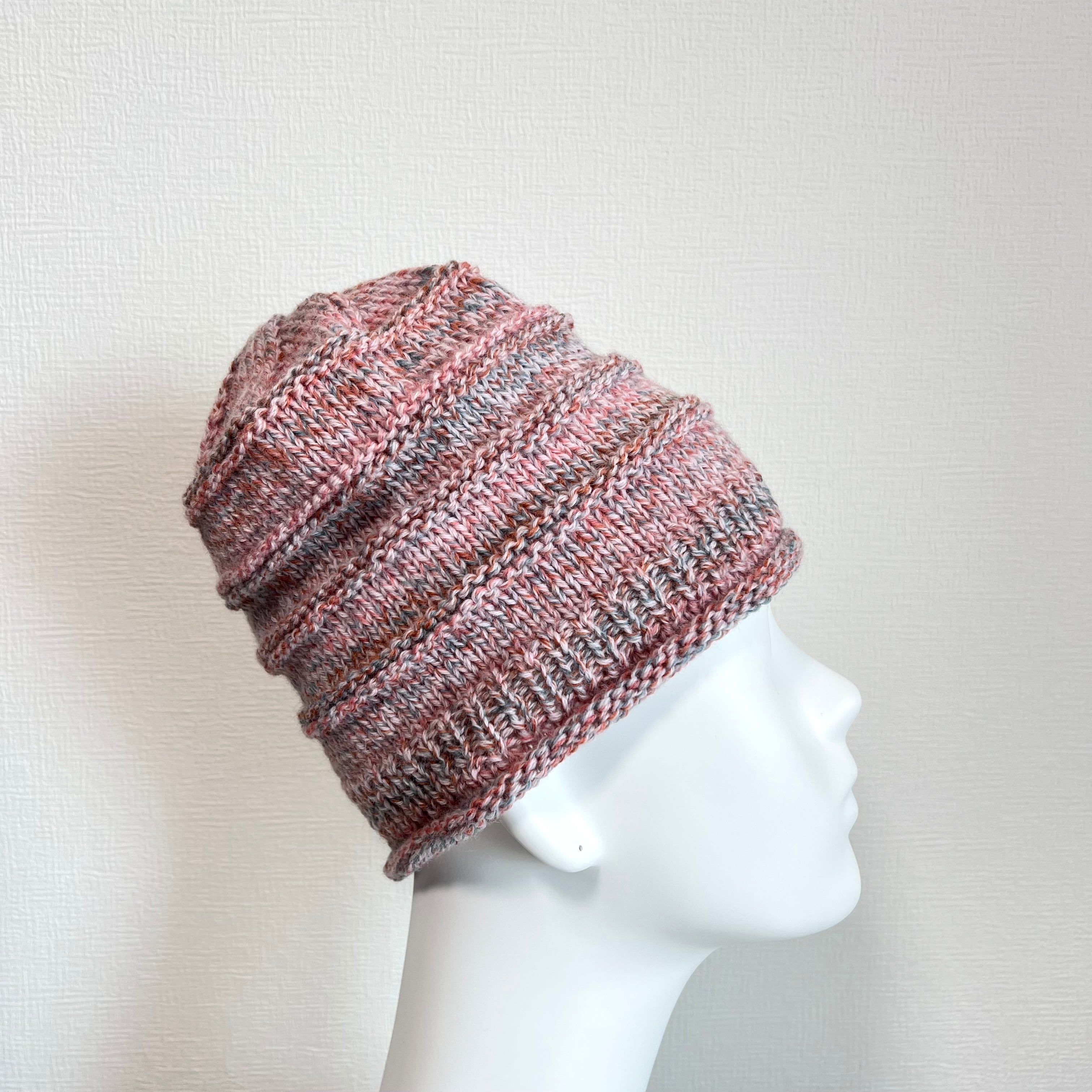 ＜受注生産＞【手編み】ウール100%  グラデーションカラーの帽子　6カラー　室内帽子　お出かけ帽子　天然素材　棒針編み