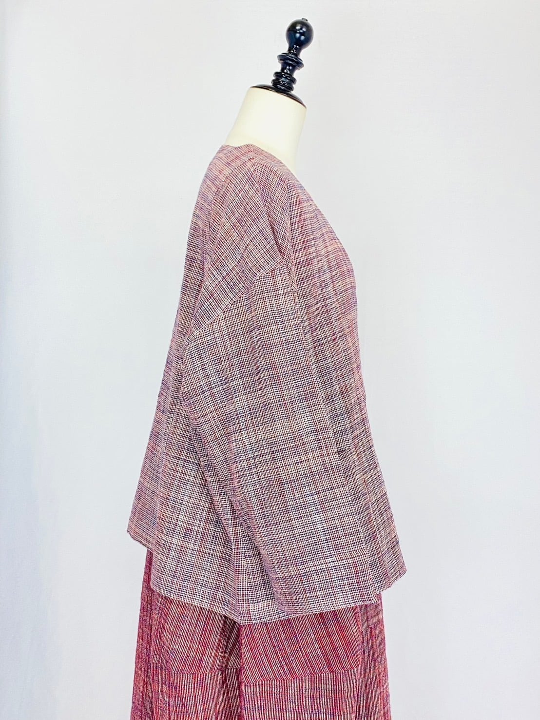 251021　ノーカラーショートジャケット　2カラー　遠州織物　うすで縞