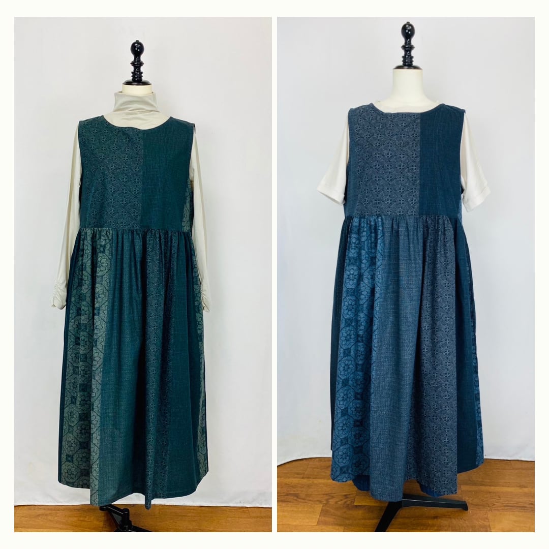 246013  ウエストギャザージャンパースカート　2カラー　安曇野染絣　上方大島紬柄