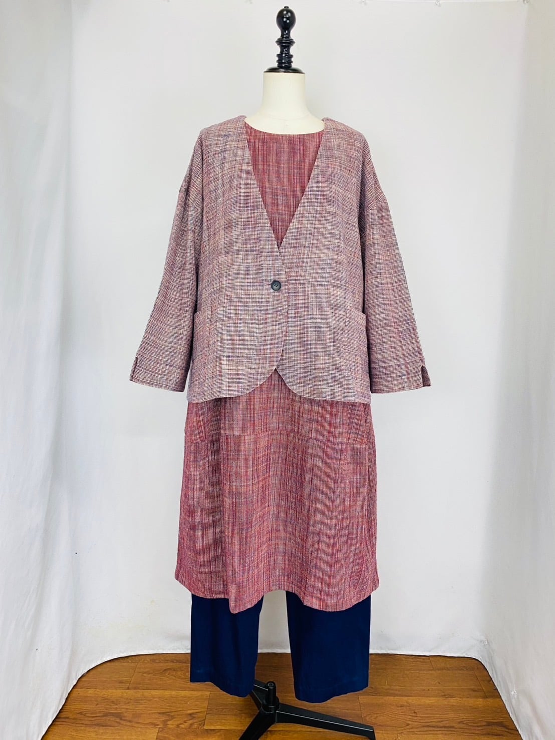 251021　ノーカラーショートジャケット　2カラー　遠州織物　うすで縞