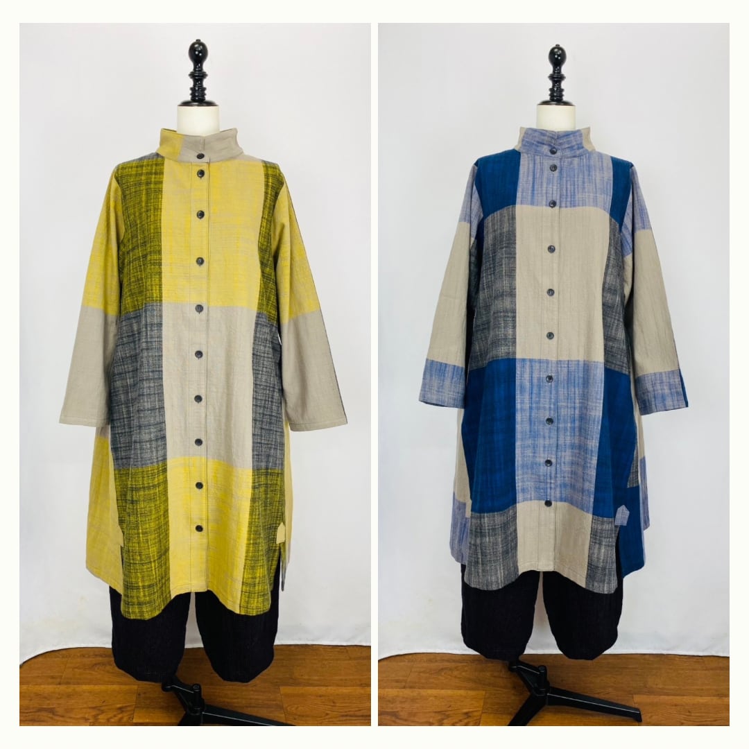 231021　後ろギャザーのワンピース　2カラー　遠州織物　逆スラブ大格子
