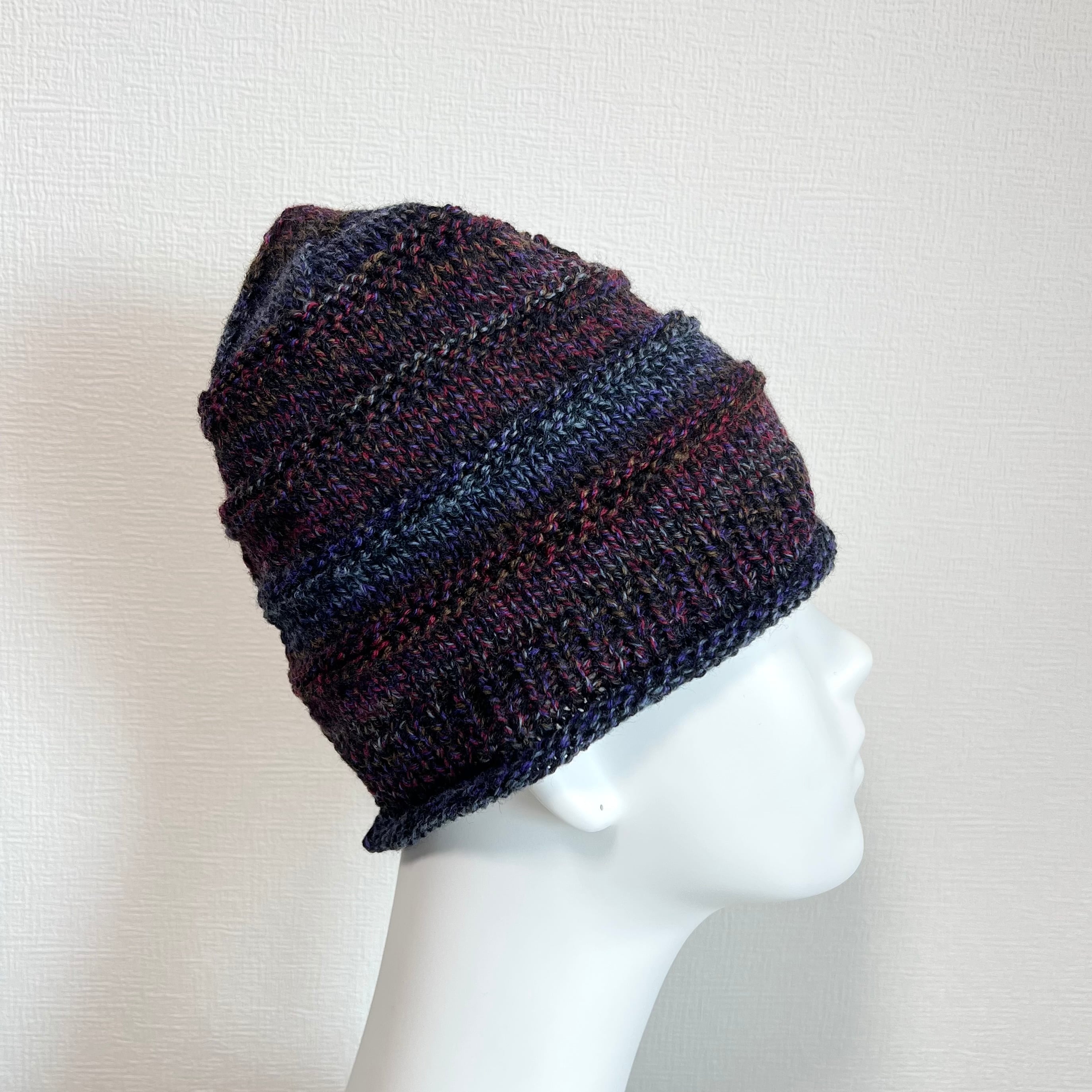 ＜受注生産＞【手編み】ウール100%  グラデーションカラーの帽子　6カラー　室内帽子　お出かけ帽子　天然素材　棒針編み