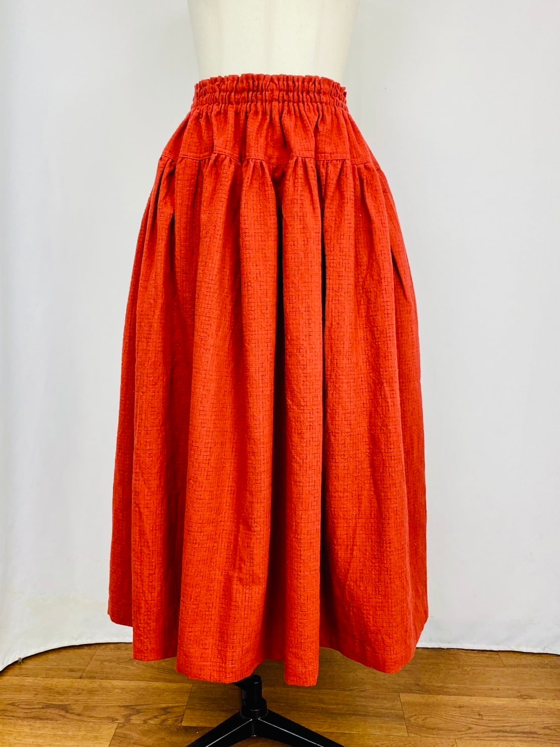 【再入荷】245041  切替ギャザースカート　遠州織物　逆スラブ絣格子