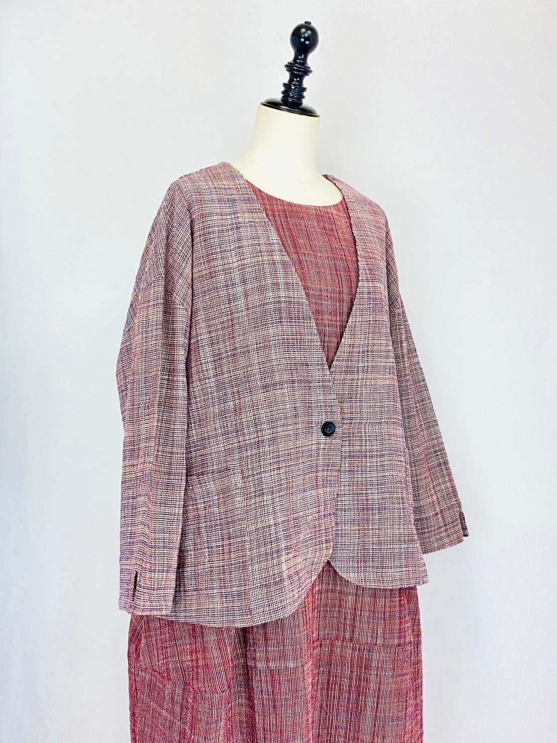 251021　ノーカラーショートジャケット　2カラー　遠州織物　うすで縞