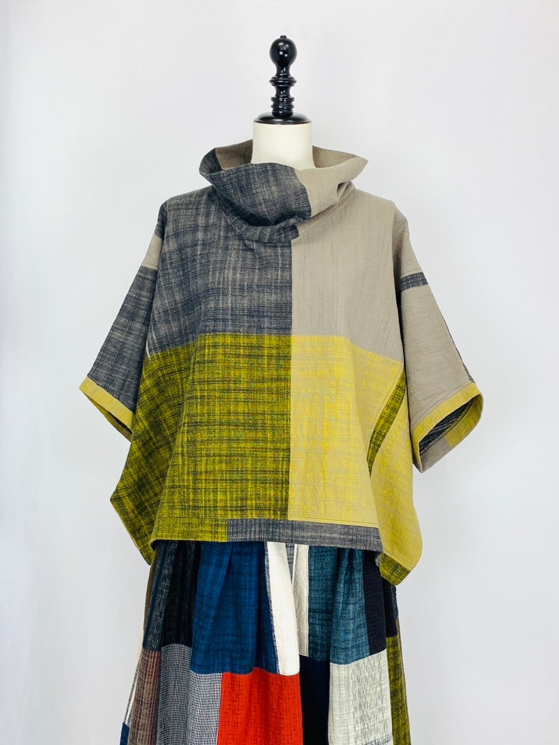 224011　ロールネック切替えプルオーバー　2カラー　遠州織り　逆スラブ大格子