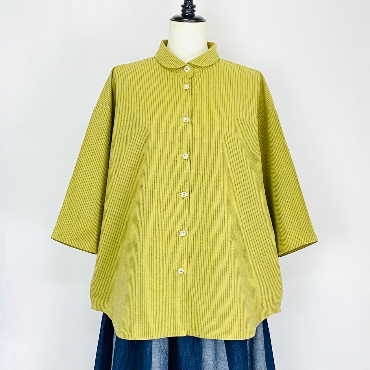 SU19108　丸衿ふんわりブラウス　2カラー　綿麻先染ストライプ