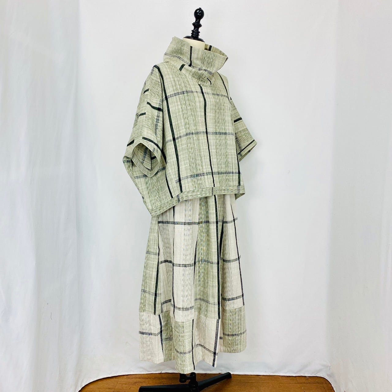 【再販】224011　ロールネック切替えプルオーバー　2カラー　遠州織物　逆スラブ絣格子